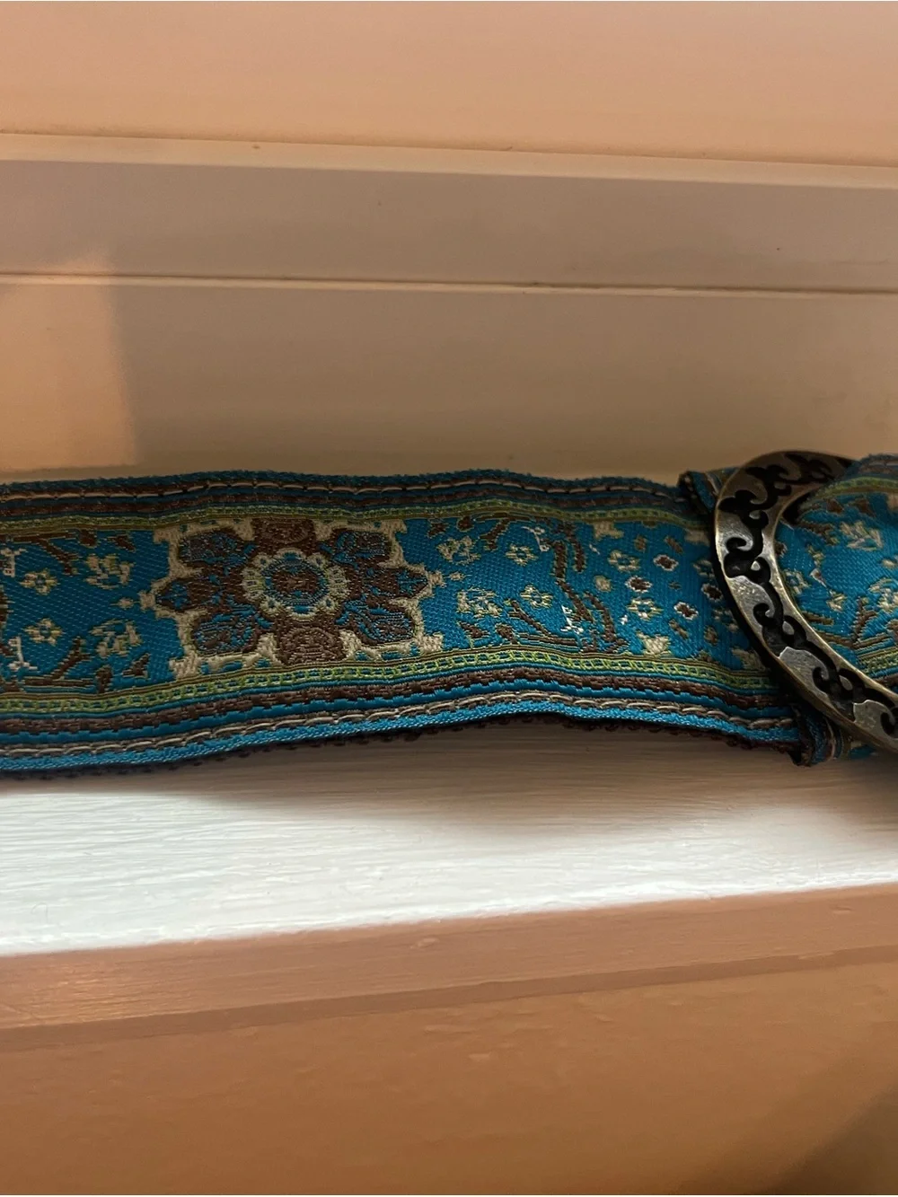 Blue Floral Woven Belt with Antique Gold Ring